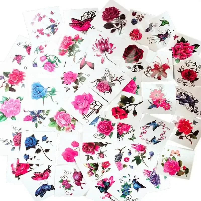 52Pcs/Set No Repeat Flowers Butterfly Temporary Tattoos Waterproof Body Art Concealer Stickers Disposable tatouage temporaire