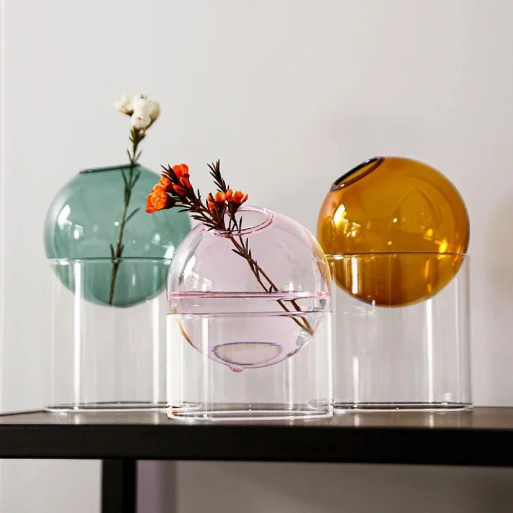 Nordic Colored Glass Decorative Vase Spherical Hydroponic Flower Planter for Home Desk Decor Modern Tabletop Flower Arrangement