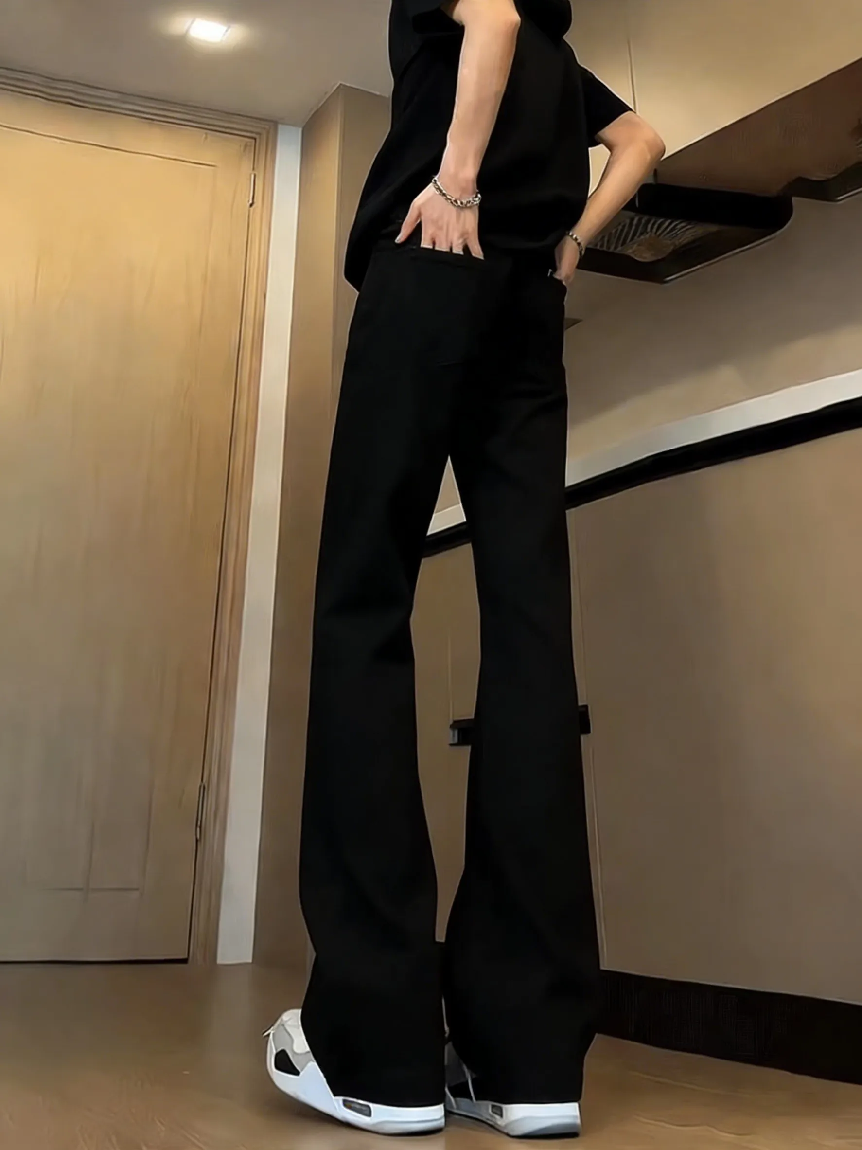 

Black Fleece Lined Straight Leg Men's Jeans High Waist Extended Length Slimming Bootcut Pants Casual Style Spring Fashion