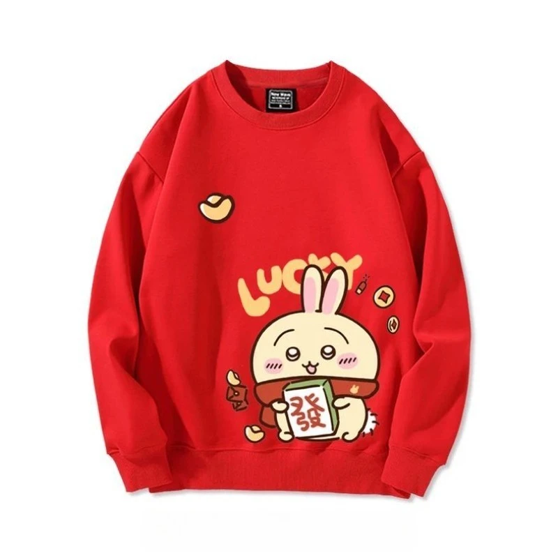 Anime Cartoon Kawaii Chiikawa New Year Men and Women Parent-child Clothing Plus Velvet Round Neck New Year's Greetings Outfit