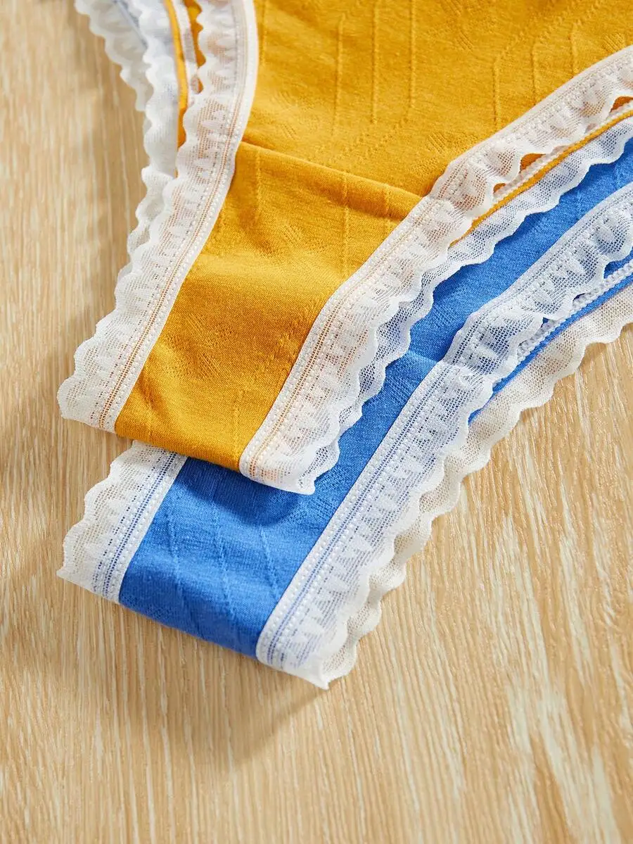 

7pcs Lace Trim Triangle Panties For Women Solid Color With Bowknot