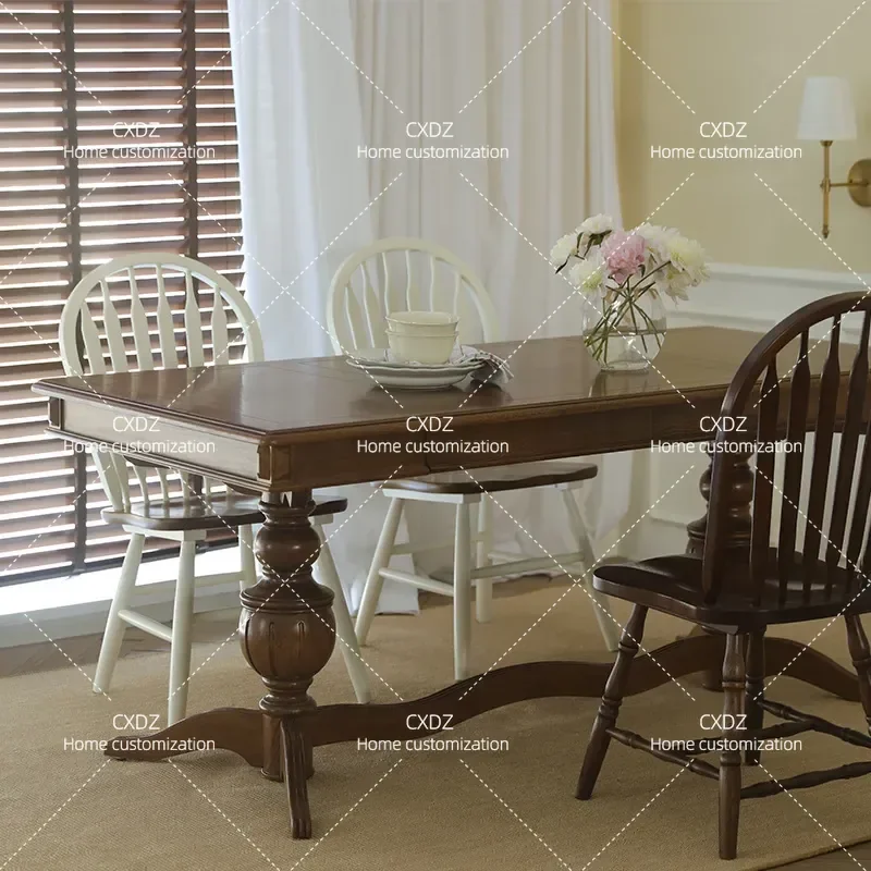 Solid Wood Rectangular Dining Table with Drawers Retro Style Large 6 Seater for Home Restaurant Kitchen Furniture