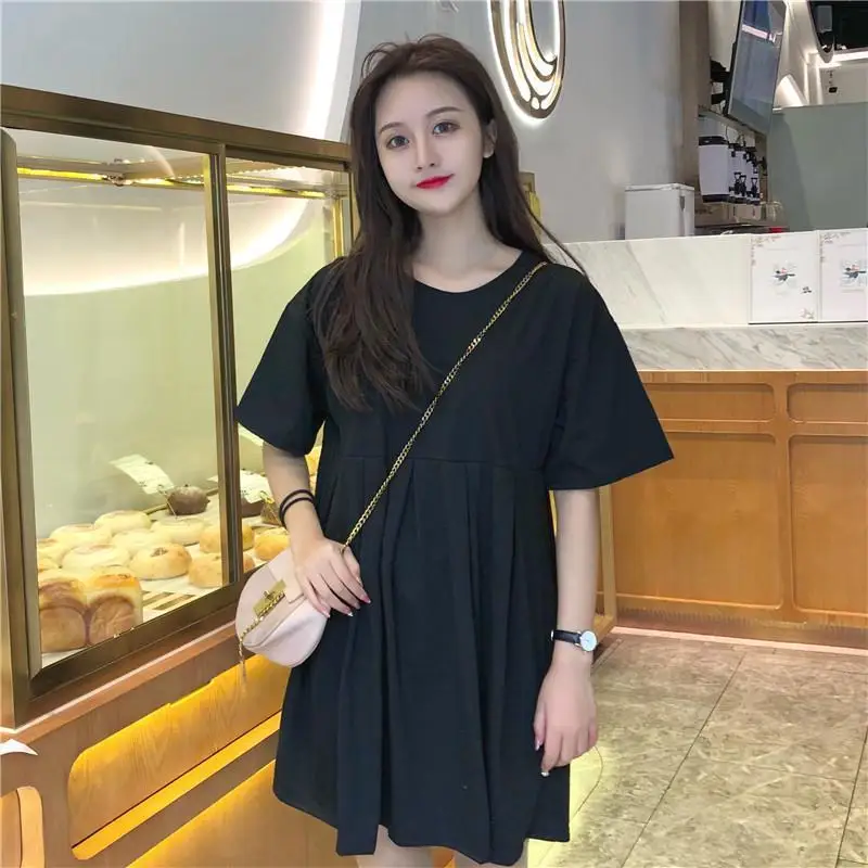 Estate nuova semplicità allentata High Street Mini abito manica corta O-collo Solido moda abito longuette Casual stile pigro abbigliamento donna