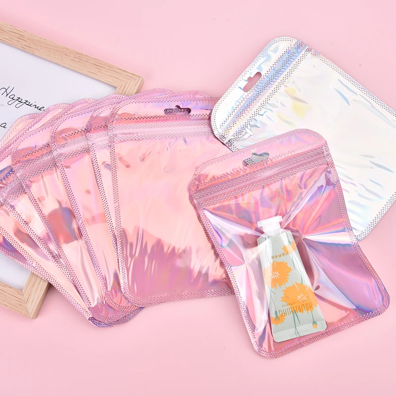 50PCS Rose Pink Laser Packaging Bag Flat Bath Salt Cosmetic Bag One Side Clear Holographic Mini Aluminum Foil Zip Lock Bag Thick