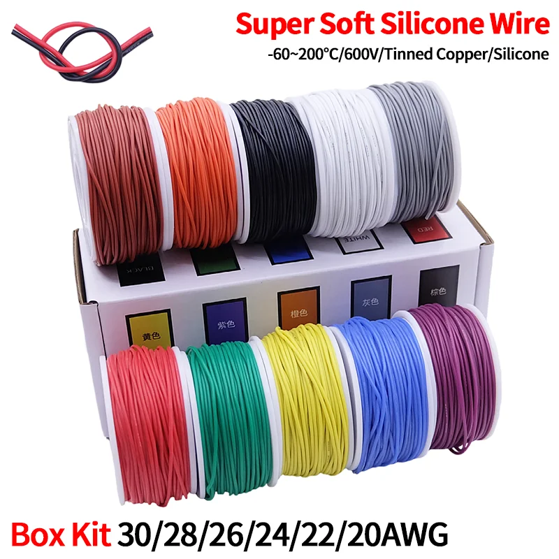 Heat Resistant Soft Silicone Wire 5 Colors in Box Kit 30/28/26/24/22/20AWG Stranded Flexible Cable Electrical Tinned Copper Wire