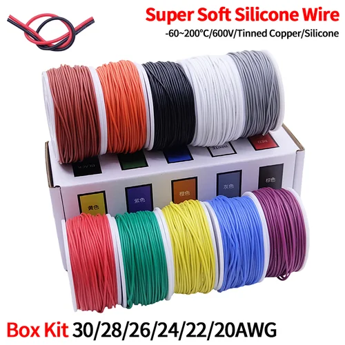 Cable de silicona suave resistente al calor, Cable Flexible trenzado eléctrico de cobre estañado, Kit de caja de 5 colores, 30/28/26/24/22/20AWG