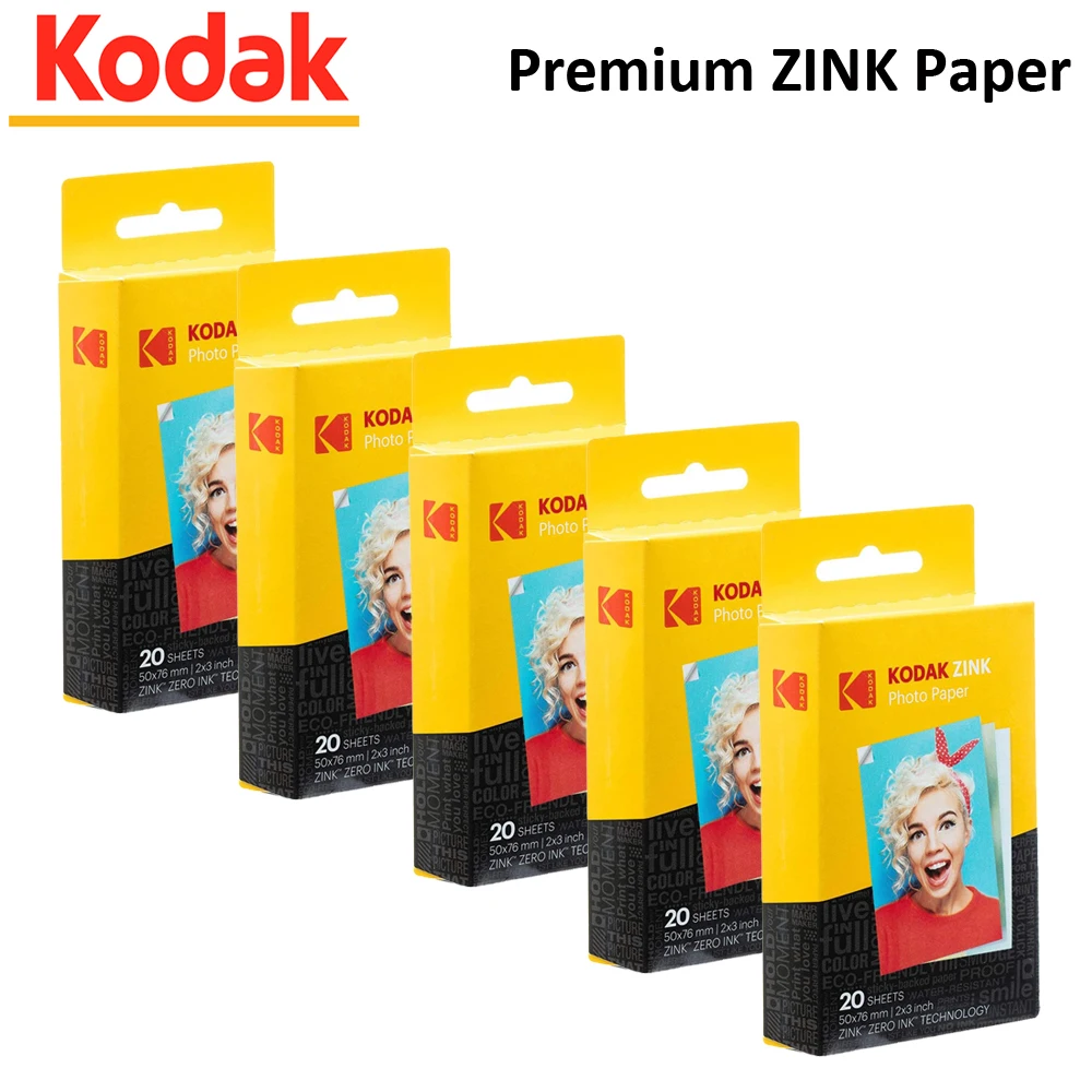 Papel Fotográfico Zink Original de Kodak, 20, 40, 60, 80, 100 Hojas, 2"x3", Premium, Compatible con Kodak Smile, Kodak Step, PRINTOMATIC   ﻿
