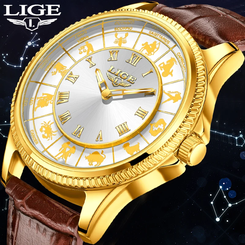 LIGE Fashion Leather Watch For Men Creative 12 Constellation Big Dial Watch Men Casual Luminous Waterproof Quartz Chronograph