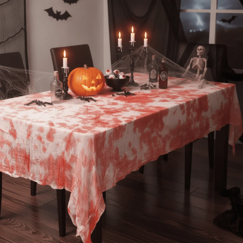 Spooky Gauze Halloween Bloodstain Tablecloth Realistic Rectangular Bloody Table Cover DIY Large Size Bloody Window Curtain Stair