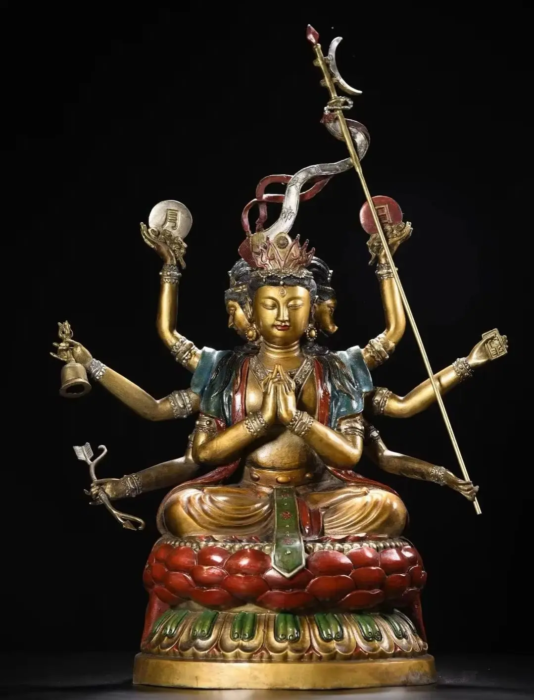 Nepalese folk  Old Bronze Painted Doumu Yuanjun Marici Three Head Eight Armed Buddha Lotus Terrace Worship Hall