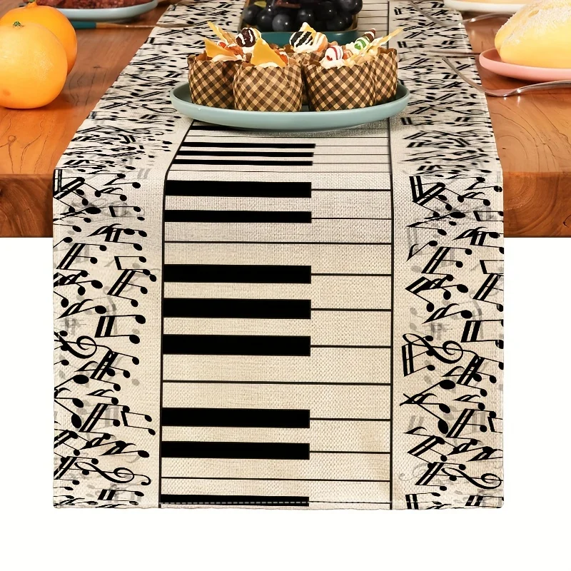 

1 Piece of Table Flag with Music Theme Piano Keys, Light Background Painted with Black and White Piano Keys and Note Patterns, Suitable for Music Restaurants, Piano Studios, Art Salons, Music Theme Parties, Cafes, Instrument Store Decorations, Music Lover