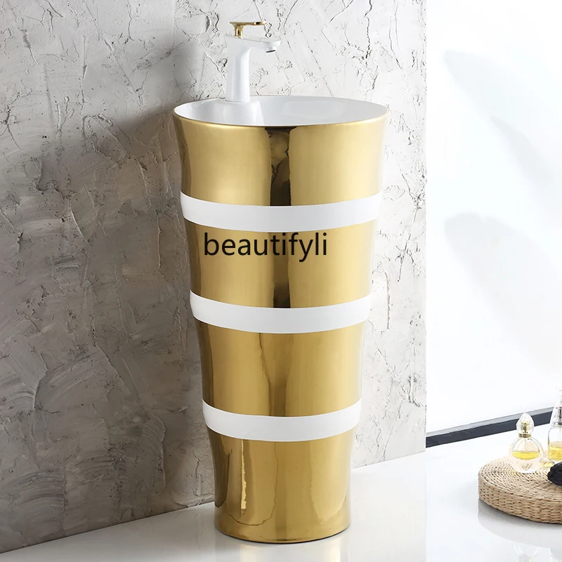 European-Style Pedestal Basin Wash Basin Floor-Standing Washbasin Ceramic Gold One-Piece Wash Inter-Platform Basin