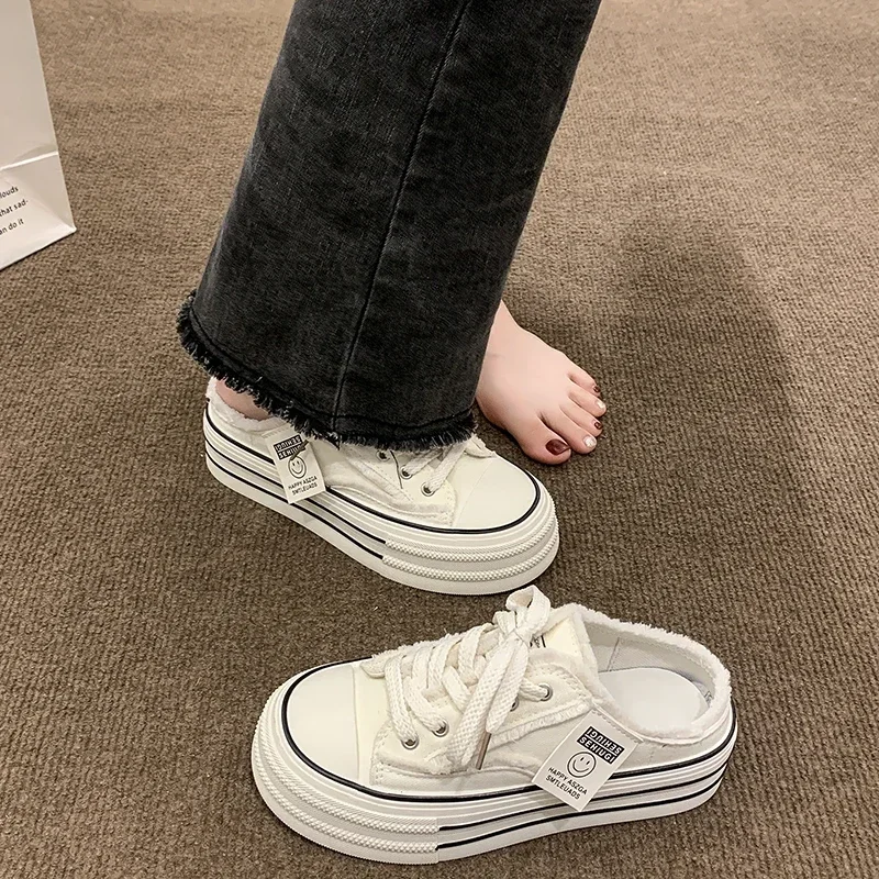 여성용 하이힐 플랫폼 슬리퍼, 야외 착용 2023, 하이힐 프리 화이트 캔버스 신발, 샌들 슬립, 5cm, 신상