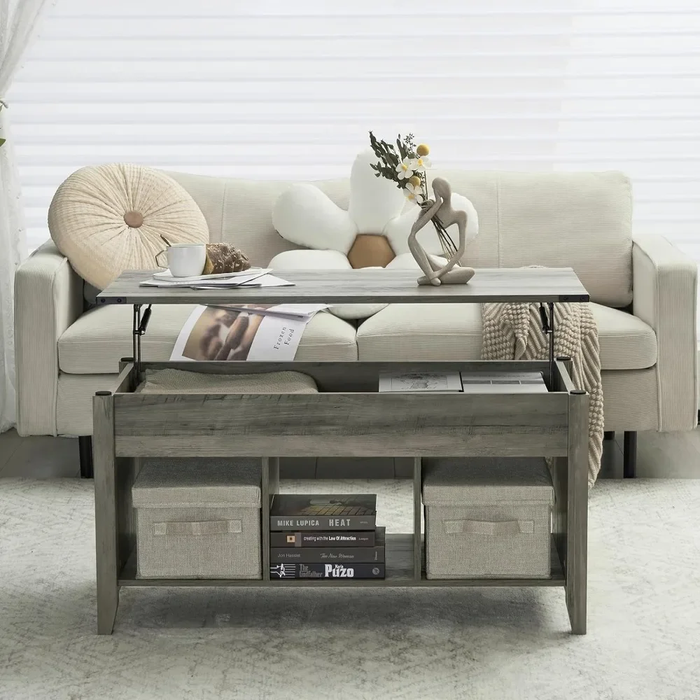 Farmhouse Lift Top Coffee Table, Levante Pop-Up Mesa De Café Com Prateleira De Armazenamento, Compartimento Escondido