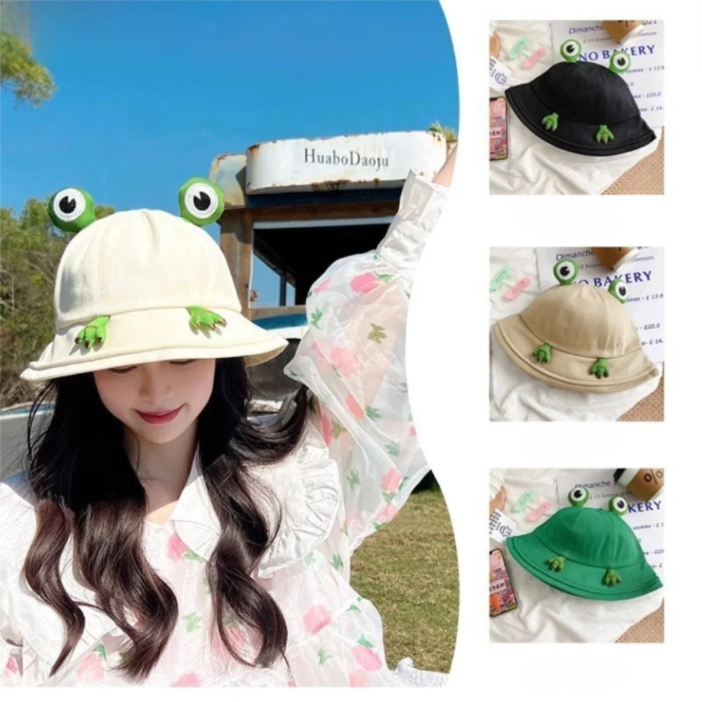 

Cute Design Big Eyes Frog Bucket Hats Big Eyes Pattern Cotton Material Foldable Sun Fishing Cap Wild Style Foldable Basin Hats