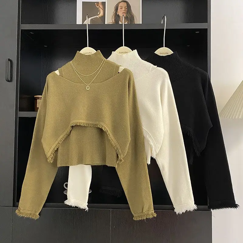 

Knitted Fringed Semi-High Neck Irregular Sweater+Semi-High Neck Bottoming Sweater 2024 Spring And Autumn New Korean 2-Piece Set