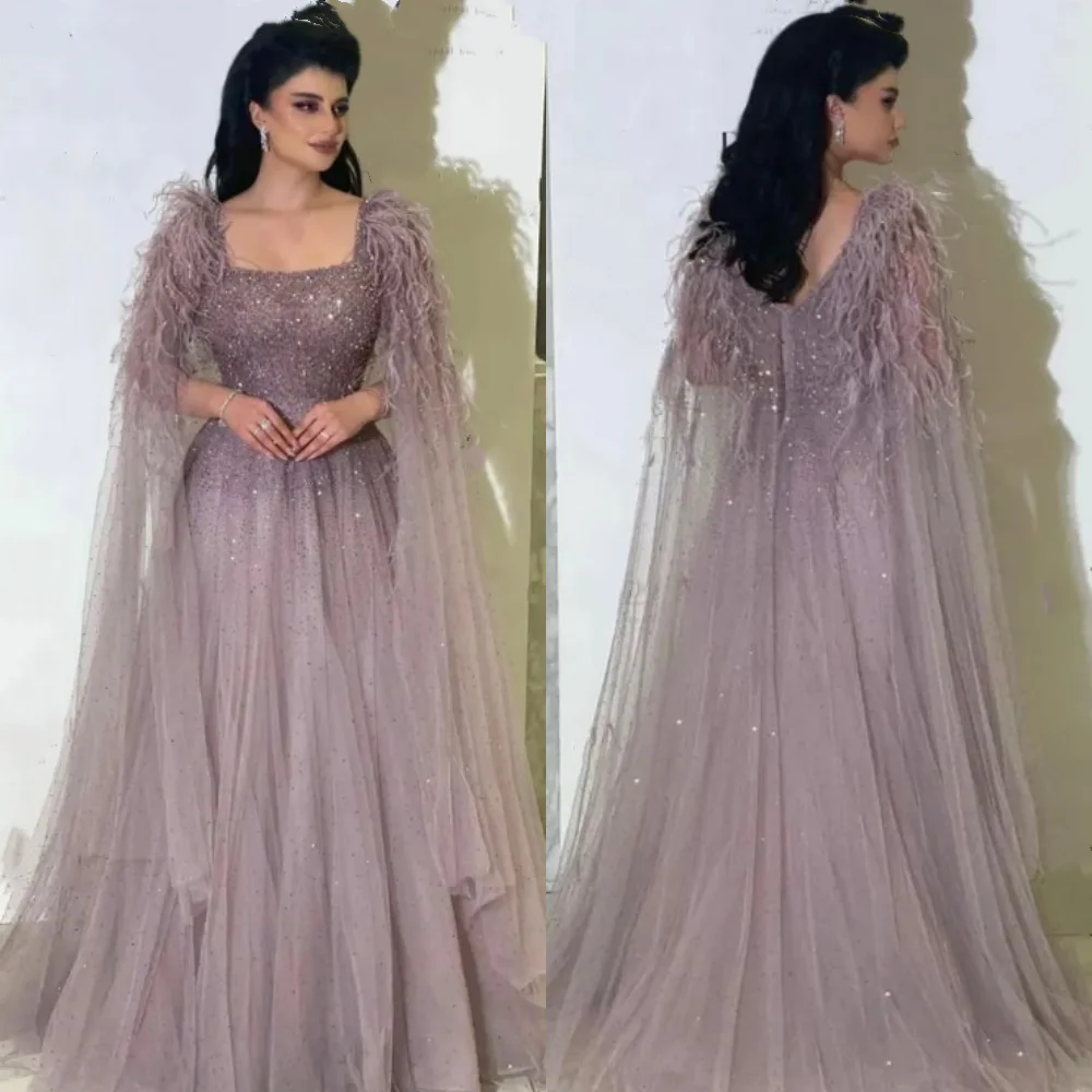 

Tulle Sequined Beading Ruched Feather Homecoming A-line Square Neck Bespoke Occasion Gown Long Dresses