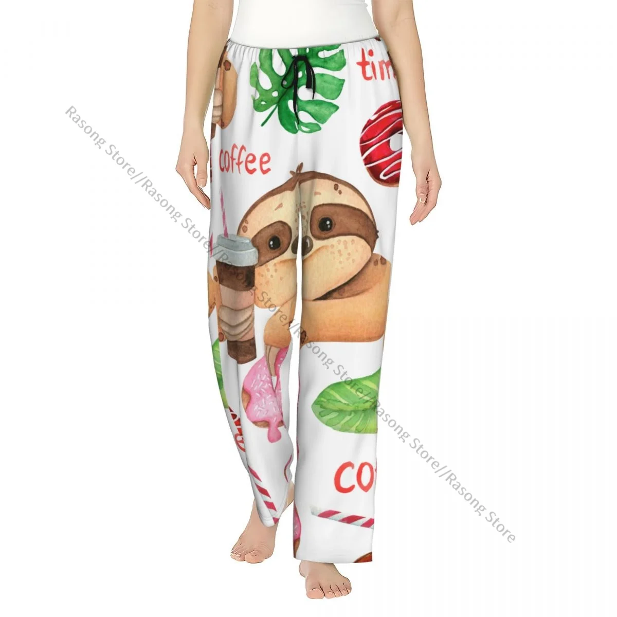 Cozy Flannel Pajama Pants for Women Watercolor Tropical Sloth With Donut Coffee And Leaves Sleep Bottoms Home Loungewear