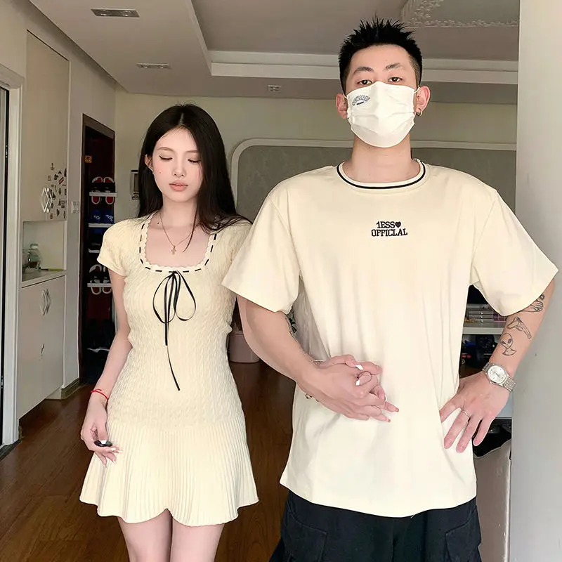 New Fashion Couple Dress Summer 2023 Korean Version of Short-sleeved T-shirt Nightgown Woman French Slim Mid-length Skirt