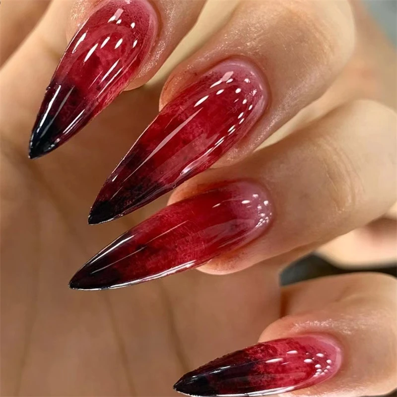 24Pcs Halloween Blood Press on Nails Set Long Coffin Glossy Acrylic Nail Tips Full Cover Ballerina False Nails for Women&Girls