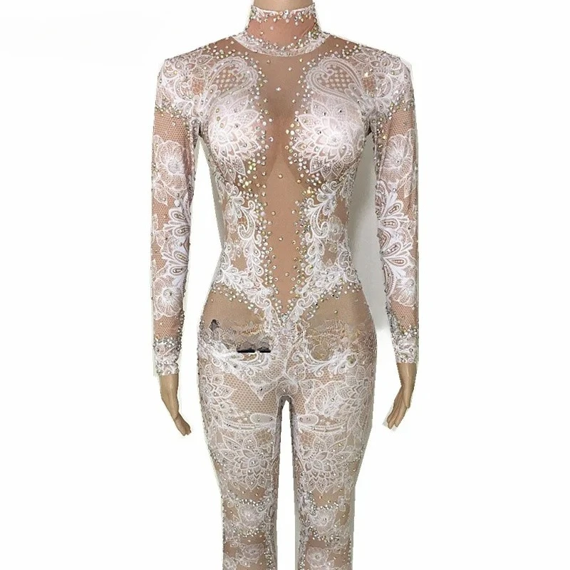 Singer One-piece Bodysuit Nightclub Dance Party Oufit Stretch Sexy Wear Glisten Crystals White Flowers Pattern Jumpsuit