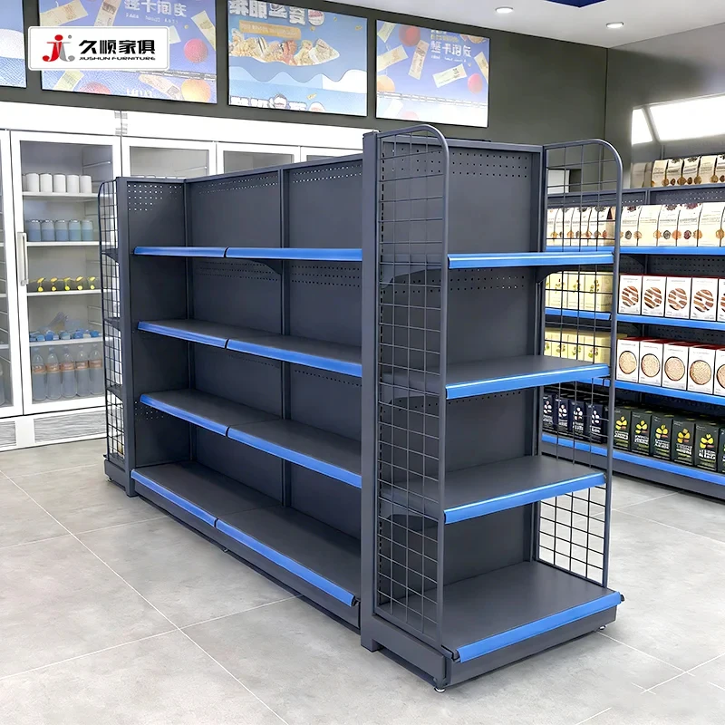 custom.JIUSHUN Market Goods Shelving Supplies Grocery Double-Sided Light Duty Gandola Shelves Supermarkets