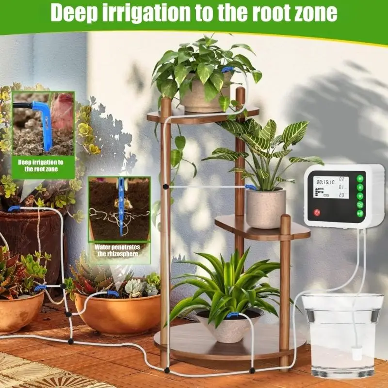 Automatic Irrigation System ABS Watering Device with Programmable Control Screen, Tubing Layout for Indoor Pots, and B03E