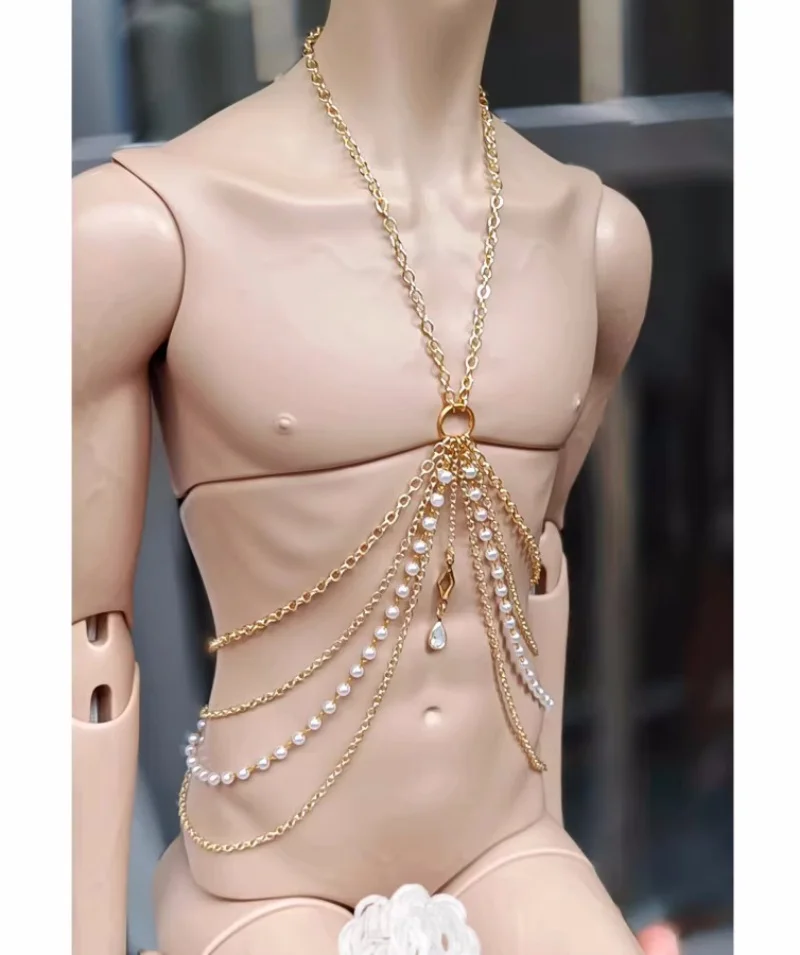 BJD Doll body Chain fits 1/3 Uncle size Pearl Body chain necklace Chest chain jewelry accessories color gold