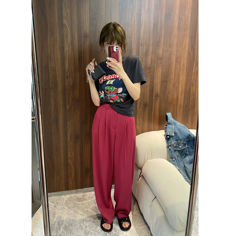 

High Waist Straight Leg Wide Leg Suit Casual Pants Women's Thin Summer Quality Polyester Spandex Casual Trousers Floor Length