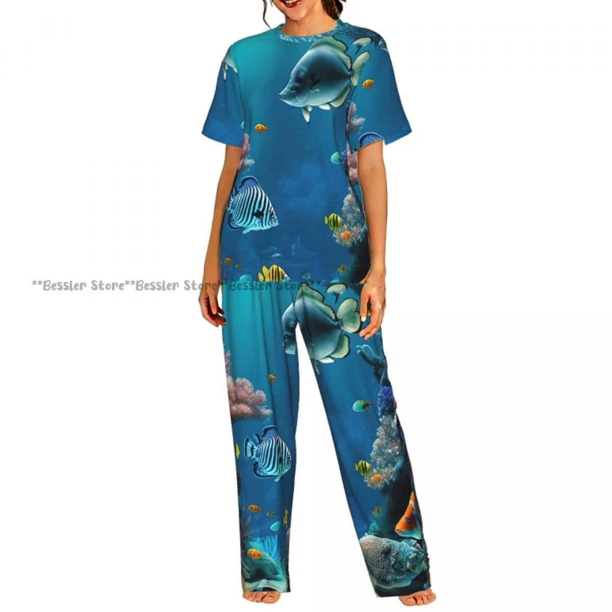 

Women's 2-piece set Underwater Coral Reef And Crani Fish Pajamas Short sleeved Top and Pants Sleepwear