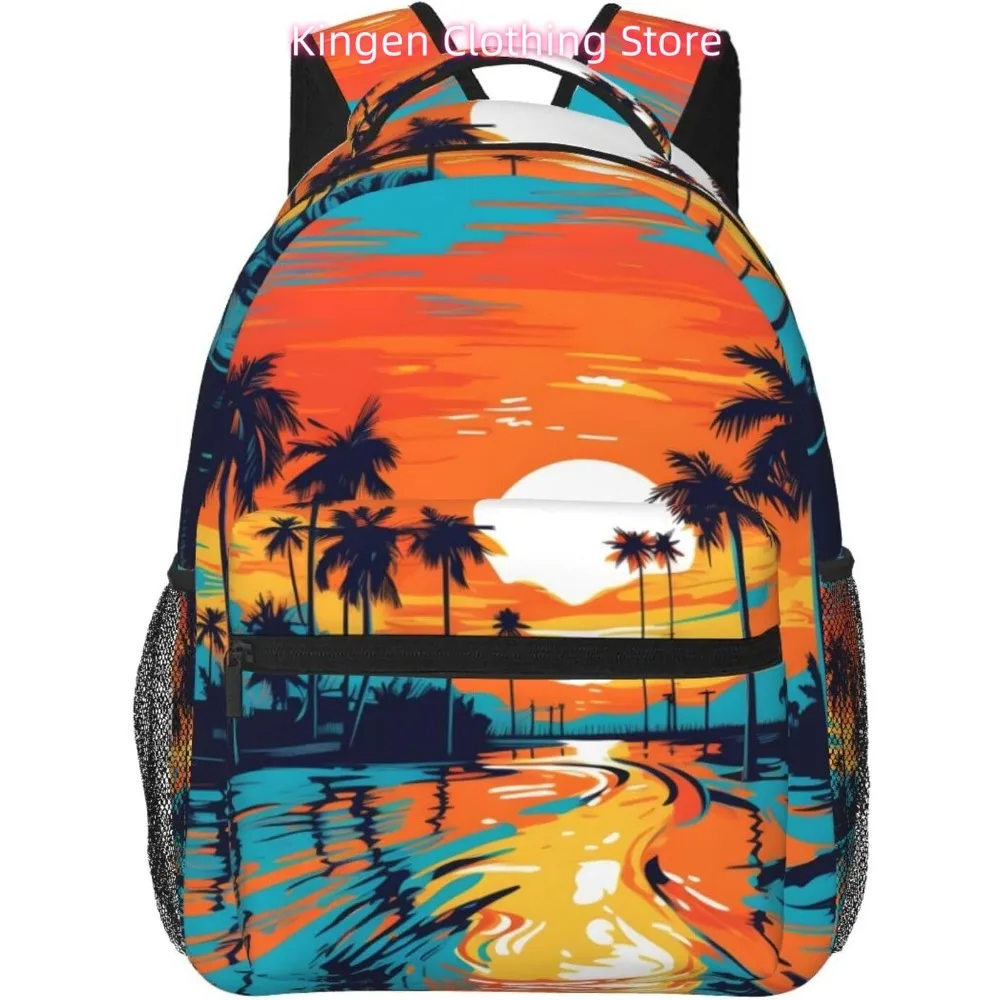 노트북 가방 학교로 돌아 가기 저녁 일몰 해변 그림 경량 노트북 배낭 경량 다목적 여행 캐주얼 Daypa