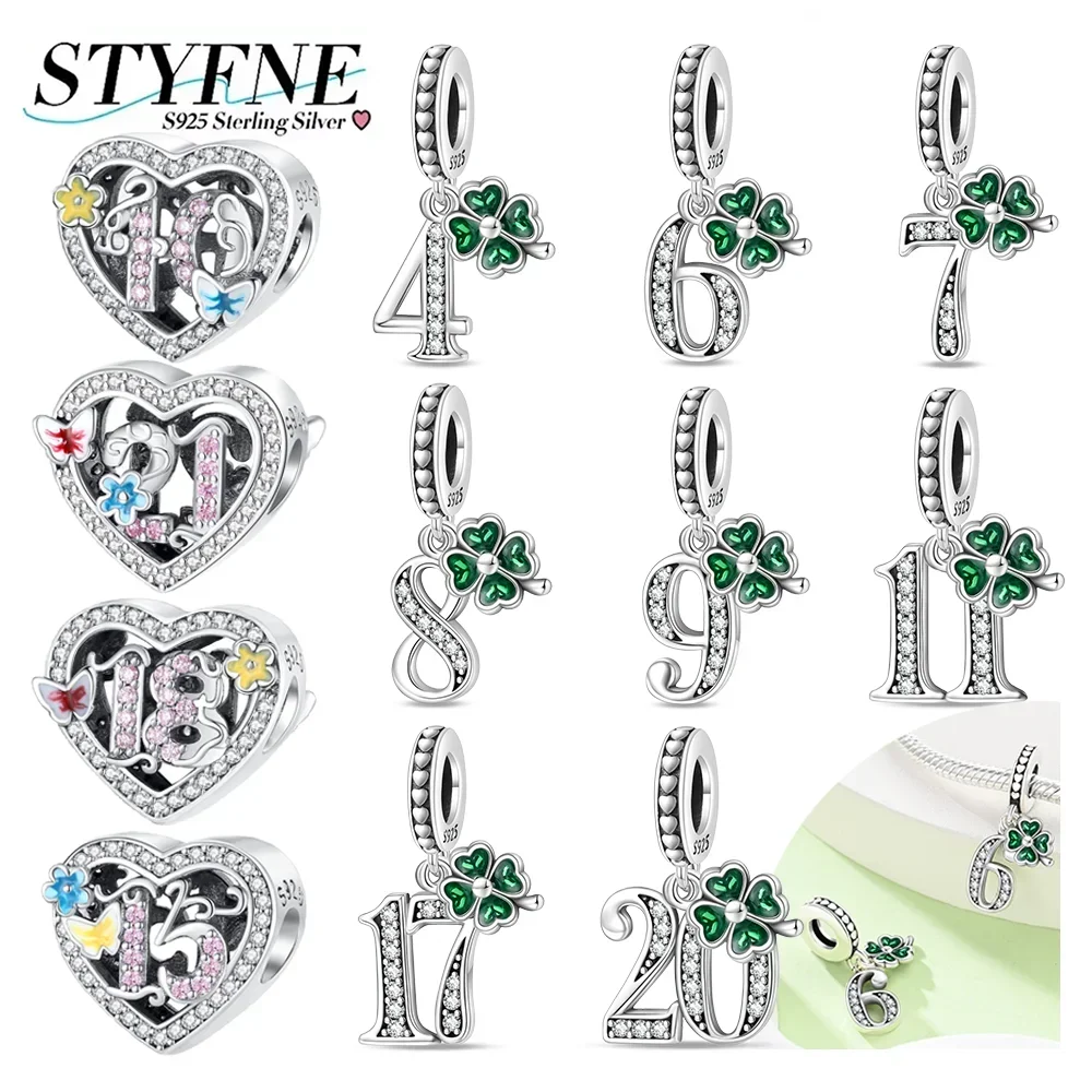 Anniversary 925 Silver Heart-shaped Charms Lucky Number Beads Four-leaf Clover Pendants Fit Original Bracelet Fine DIY Jewelry