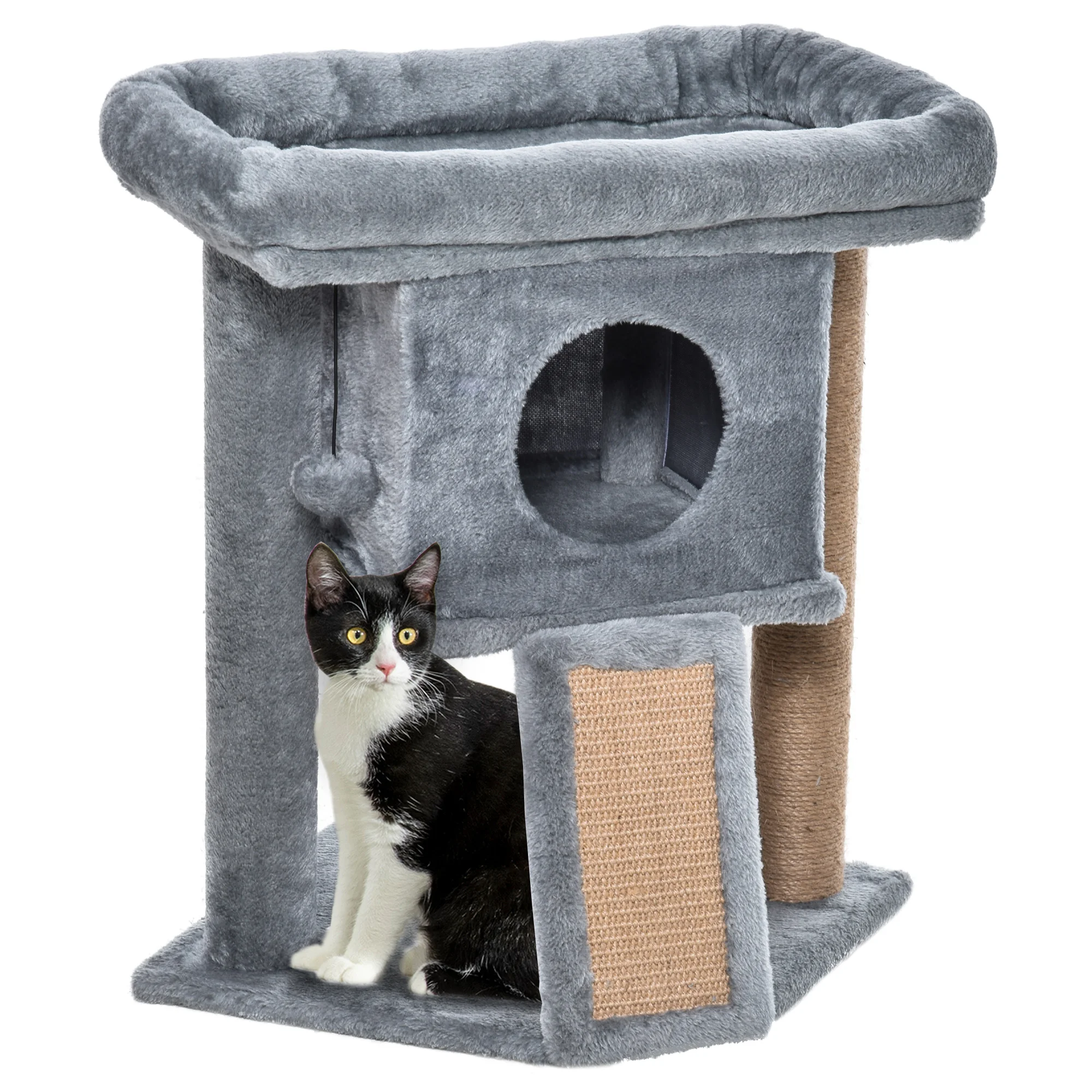 PawHut Small Cat Scratcher Tree 57 cm Cat Tower with Jute Post Scratch Ramp Bed & Ball Pendant 40x40x57 cm Gray