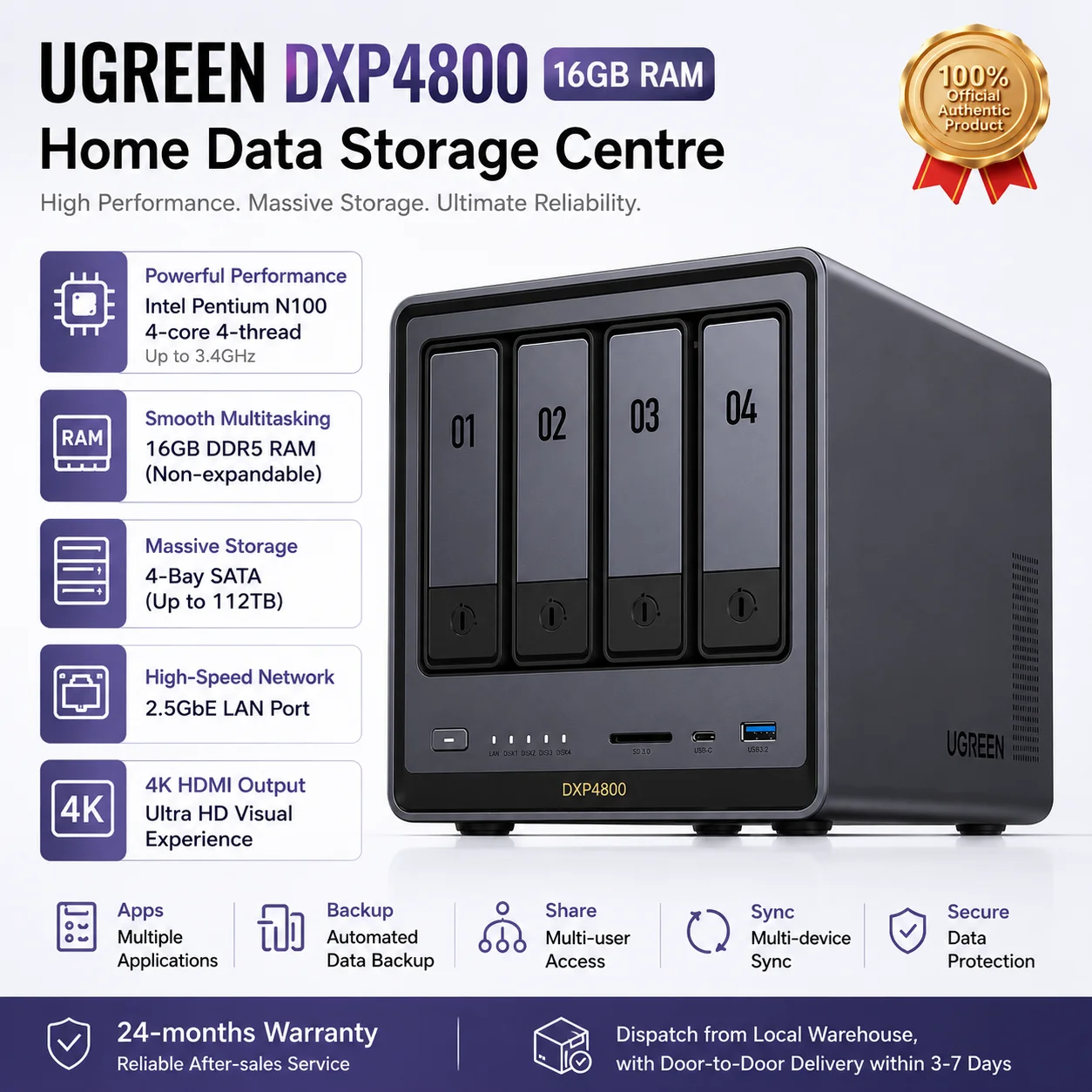 UGREEN DXP4800 NAS 16GB DDR5 Intel N100, Storage di Rete a 4 Bay con Porta 2.5GbE, Cloud Privato Senza Dischi, Server Domestico