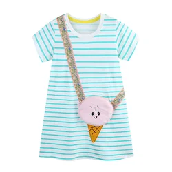 2-7T Jumping Meters Ice Cream Bag Princess Girls Dresses Summer Short Sleeve Striped Baby Clothing Cotton Kids Frocks Dresses