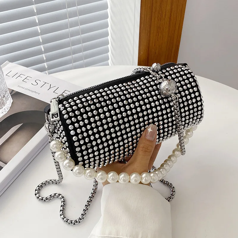 

Rhinester bag women's bag simple fashion pearl chain single shoulder crossbody bag foreign style bright drill cylinder bag