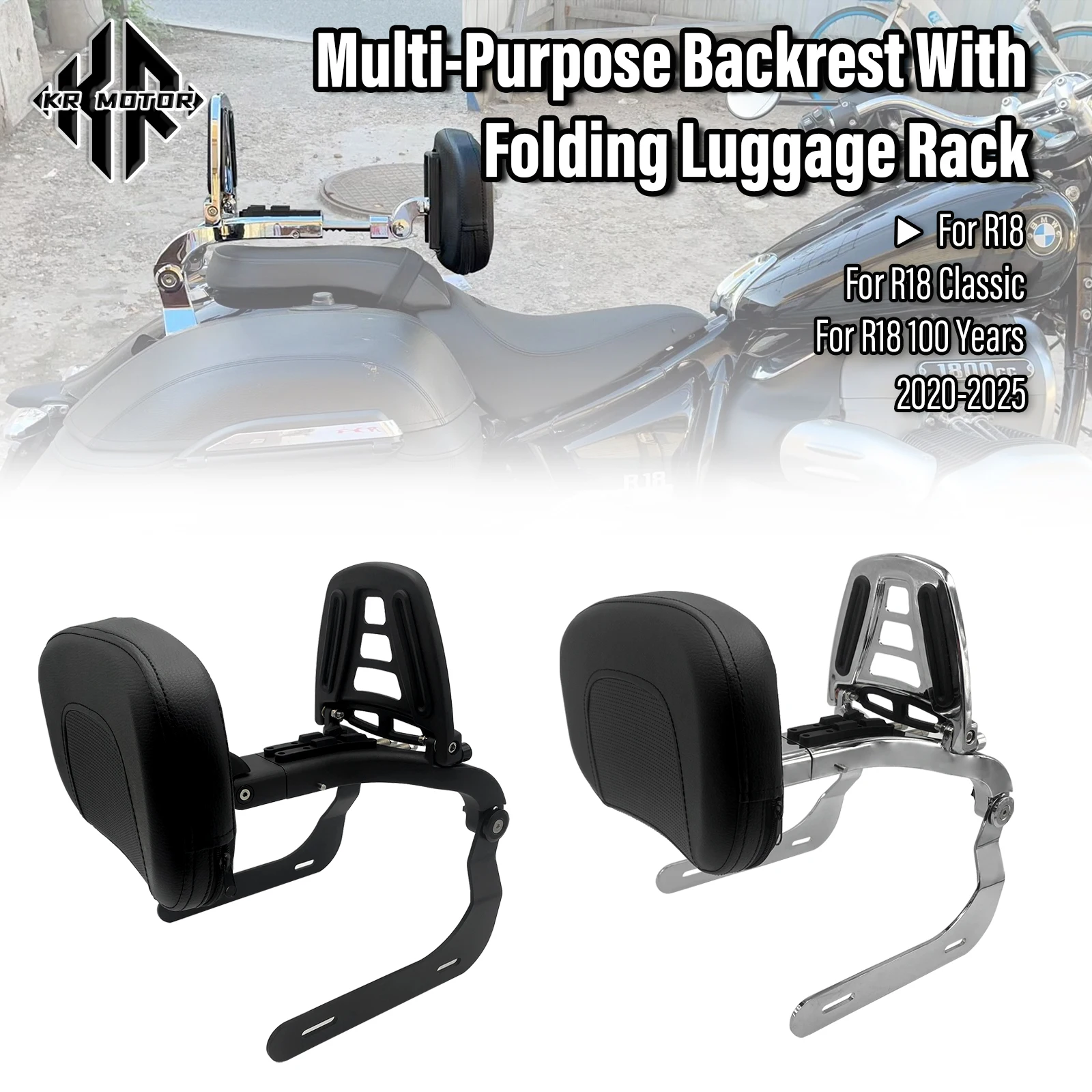 Multi-Purpose Driver Passenger Backrest With Folding Luggage Rack Sissy Bar Fit For BMW R18/R18 Classic/R18 100 Years 2020-2025
