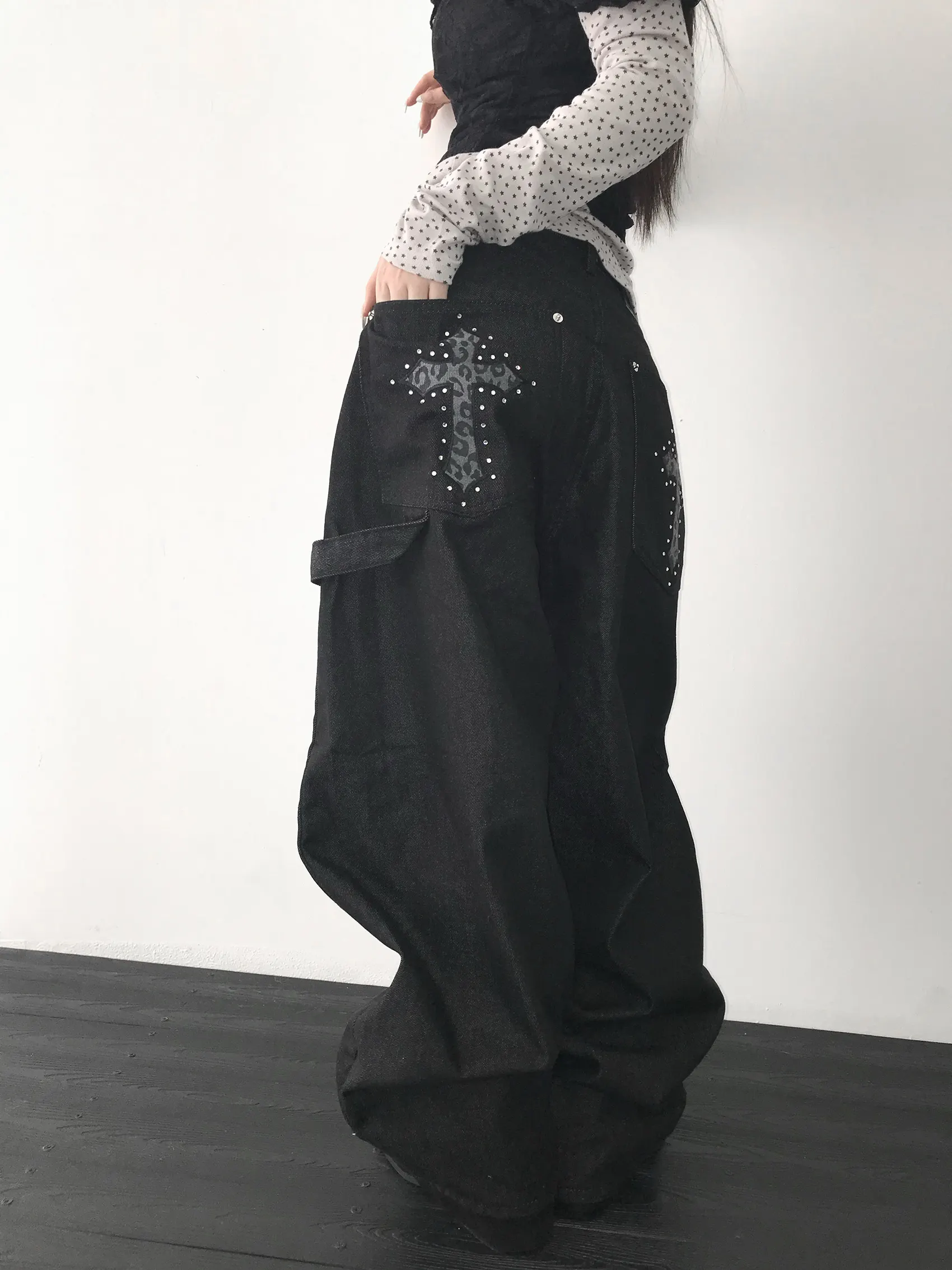 

High Waist Loose Fit Leopard Print Cross Street Sle Denim Jeans Unique Personali Wide Leg kets Retro Ladies Jeans