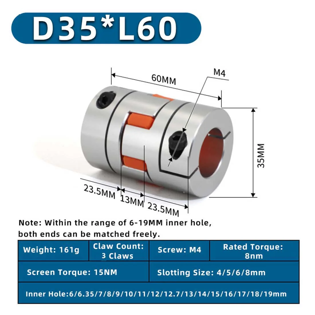 D35L60 Spider Flexible Motor Coupler Aluminium Flexible Jaw Coupling 6mm 6.35mm 7mm 10mm~19mm Elastic Coupling CNC Shaft Coupler