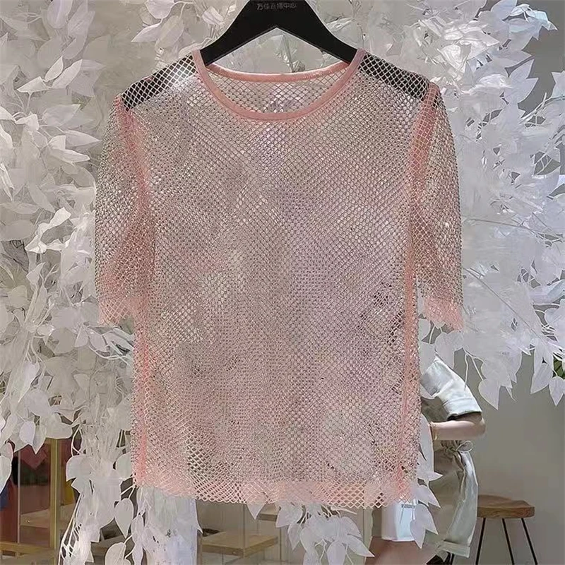 Oberbekleidung Damen T-Shirt 2026 Sommer Neue Damen Temperament Strass Rundhals Helles Sternenlicht Hohl Glänzendes Bodenbildungshemd – Detail 4