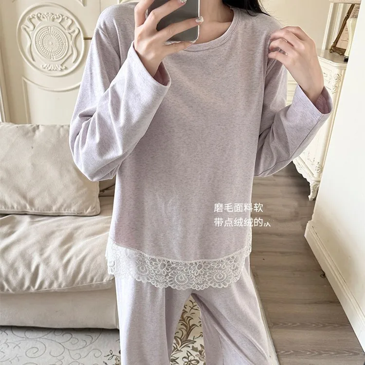 

Pijama Feminino New Loose Long Sleeve Shirt Pant Sets Lace Sweet Pajamas Set Woman Casual Warm Thicken Autumn Winter Sleepwear