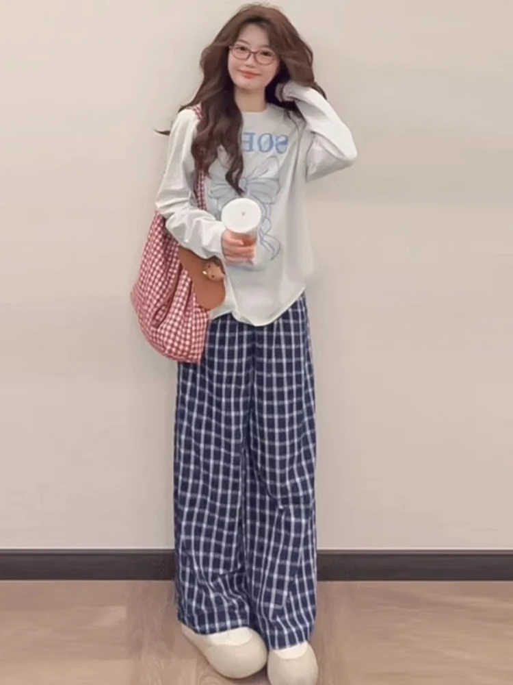 Blue Checkered Pants Women's New Loose Straight Leg Small Lazy and Relaxed Wide Leg Pants Wide Leg Pants Women Comfort