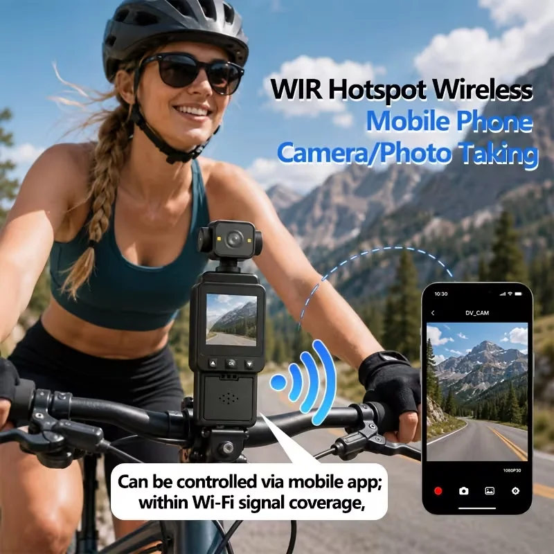 Pocket WiFi Action Camera, Image Stabilization, USB Rechargeable, Lightweight for Helmet Cycling Outdoor Travel - view 2