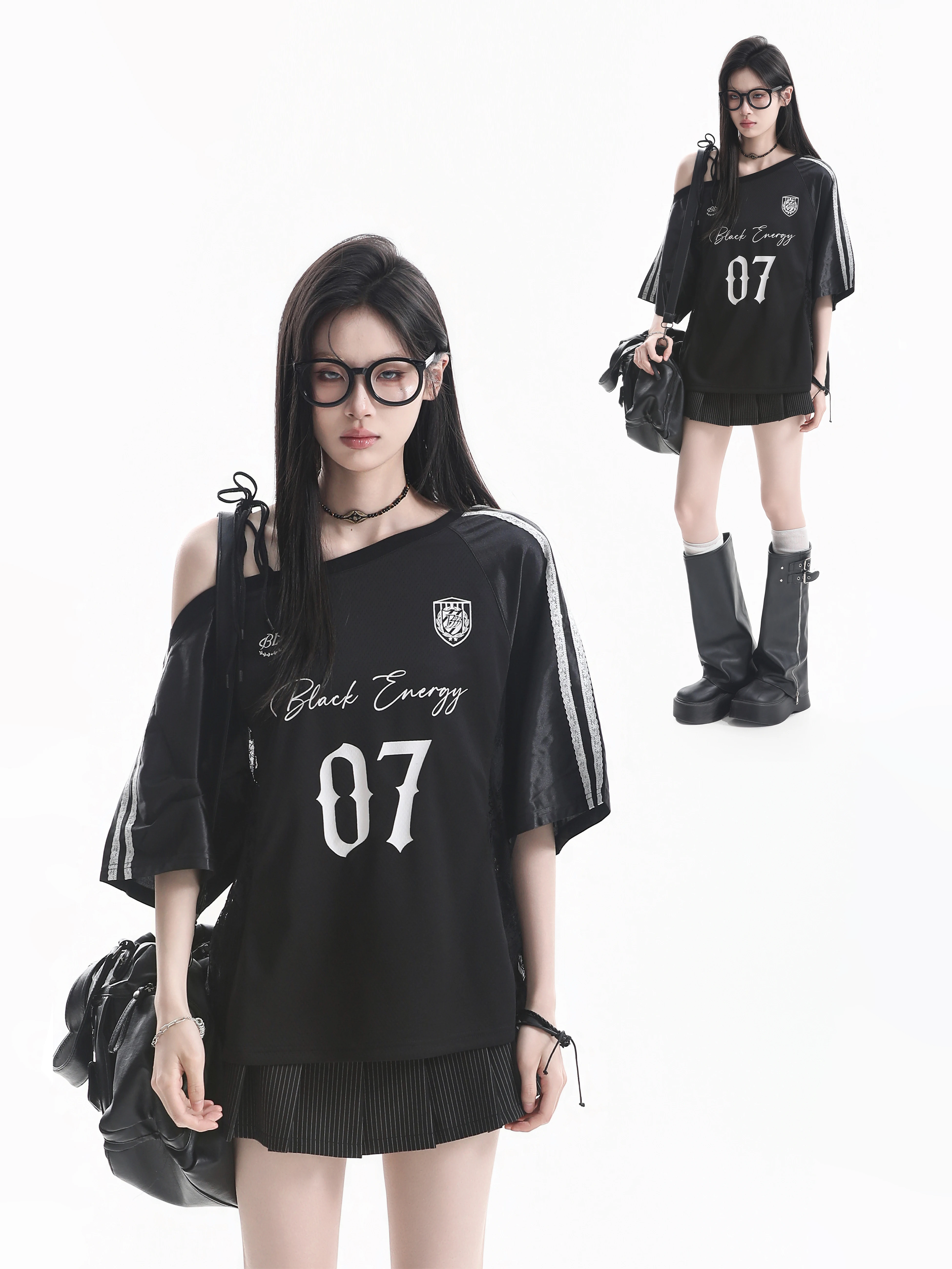 Lace Splice Shoulder Bared Short Sleeve T Shirt Women Summer Sport Style Loose Ball Jersey Casual Straight Cut Loose Fit T Shirt