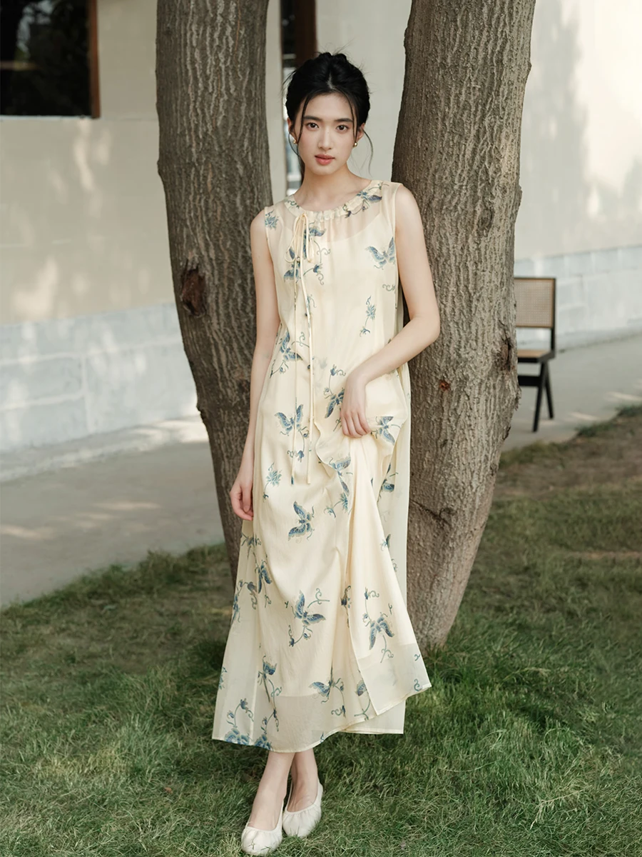 

New Chinese Sle Gentle Print Long Dr Women's Summer Faion Soft Yellow Aosphere Sensation Svel