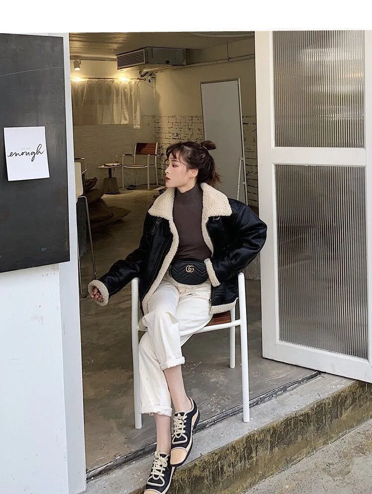 بو الجلود سترة نسائية المرقعة حزام الوقوف طوق الصلبة معطف الإناث 2024 الخريف الشتاء Highstreet رشاقته معطف سيدة