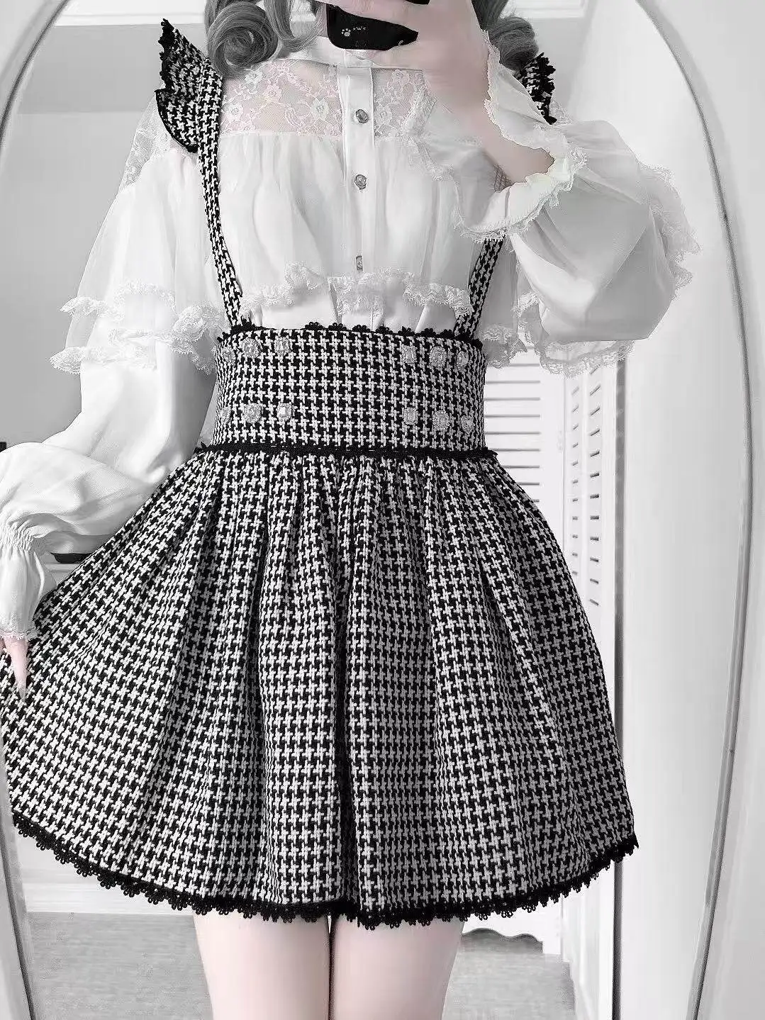 Japanese Sweet Cute Lace Petal Long Sleeved Chiffon Shirt Top Lolita Thousand Bird Grid High Waist Skirt White Suit Women
