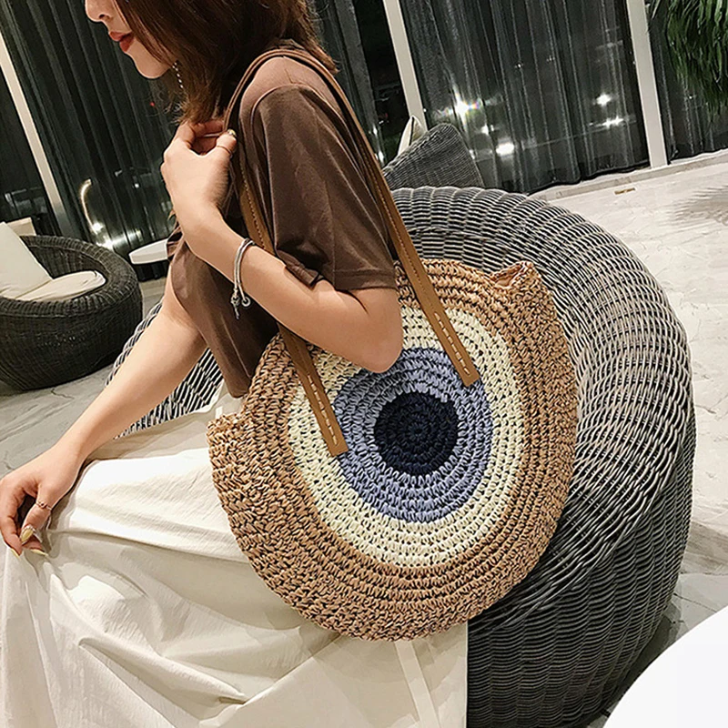 2022 Large Capacity Round Zipper Fashionable Straw Woven Bag Handmade Summer Beach Travel Holiday Women Bags