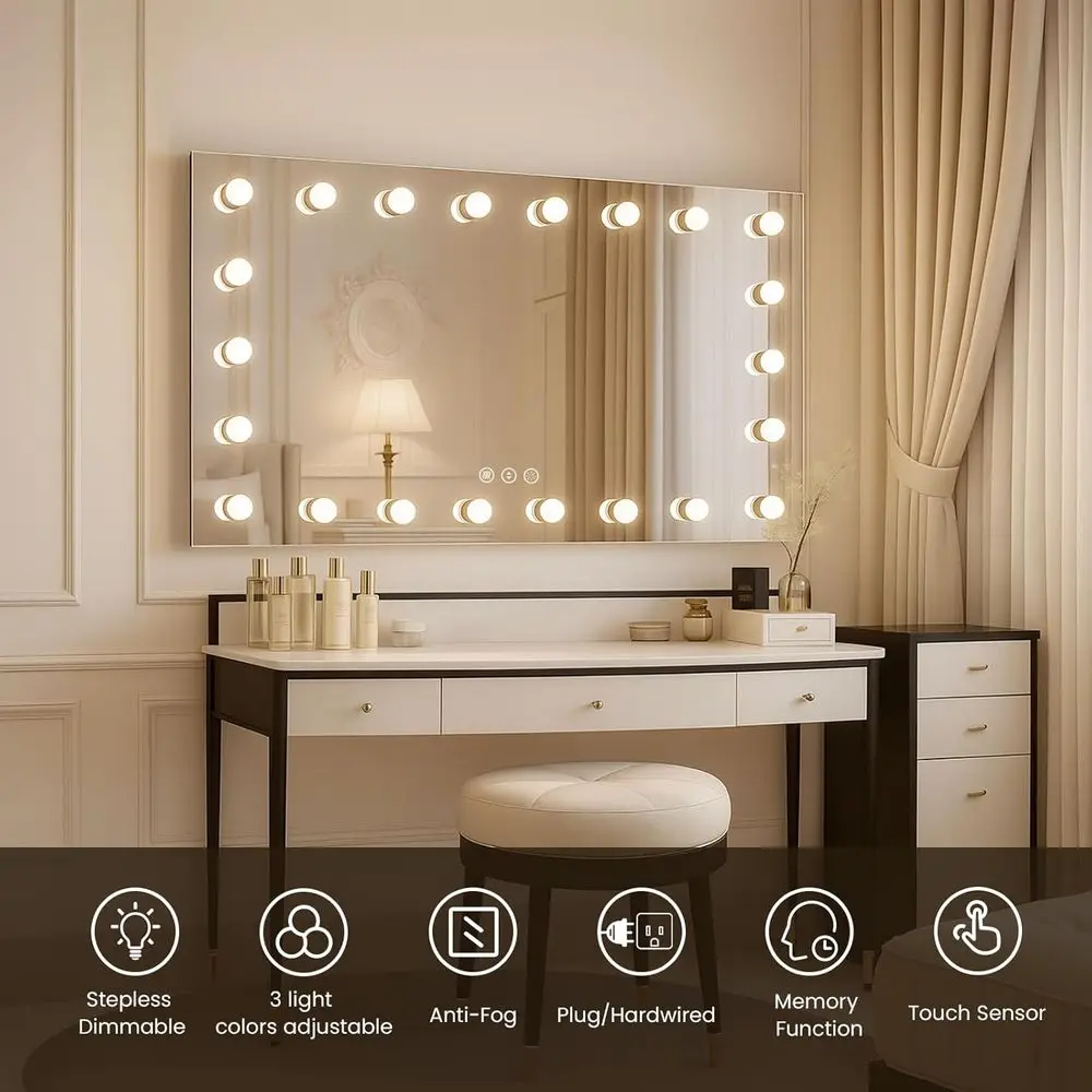 Espejo LED de pared de 40x28 pulgadas con 3 temperaturas de color, luces regulables, antivaho y inastillable