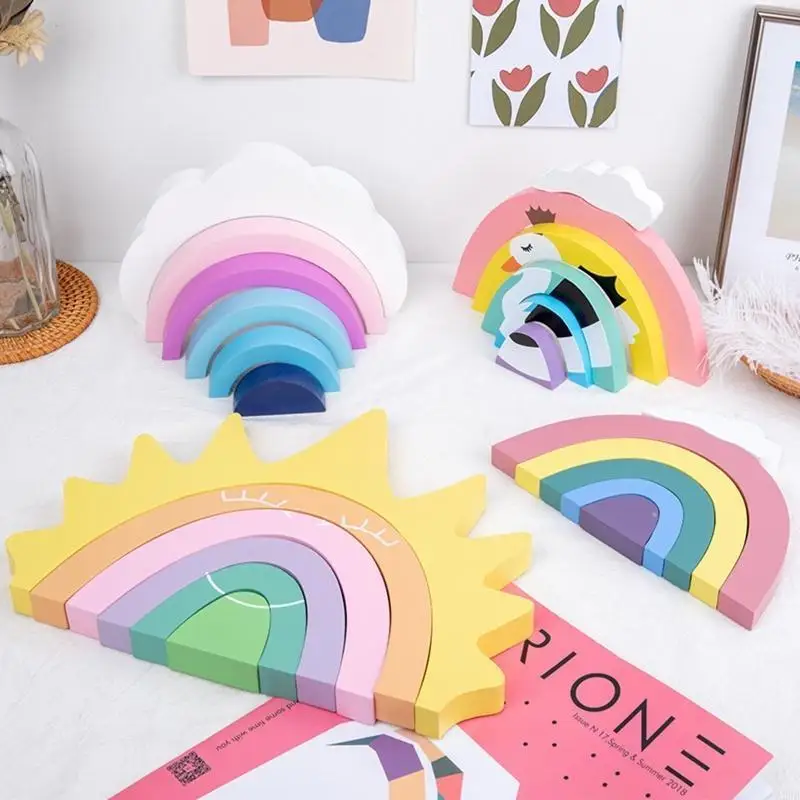 Houten regenboog-/paddenstoelblokken voor kinderen 3-5 jongens Stacing-speelgoed Training Toy A2UB